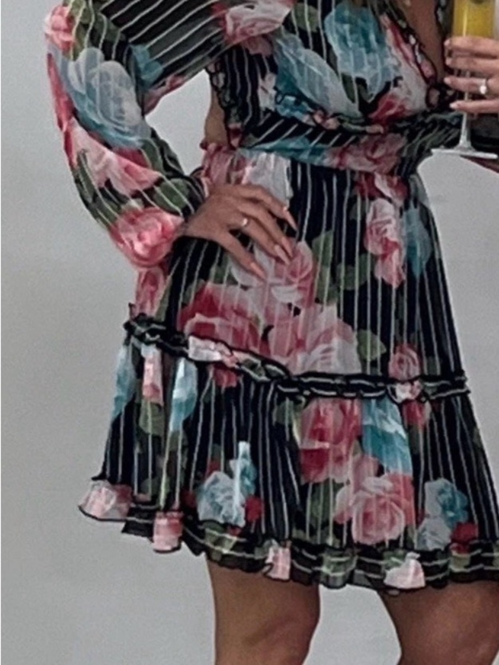 bebe Black Pinstripe Floral Backless Mini Dress with Pink & Blue Roses